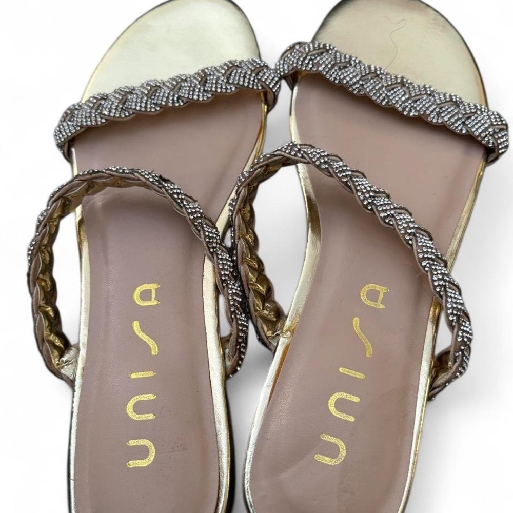 Unisa Gold Braided Rhinestone Slide Sandals Womens Size 6M Flat Dressy Shoes